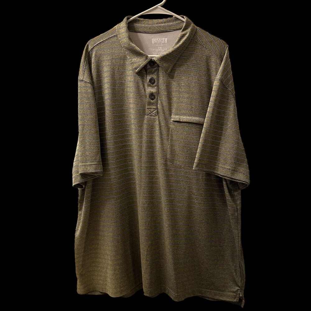 Duluth Trading Men Polo Short Sleeve Shirt Size 2XL Green Striped Zipper Pocket